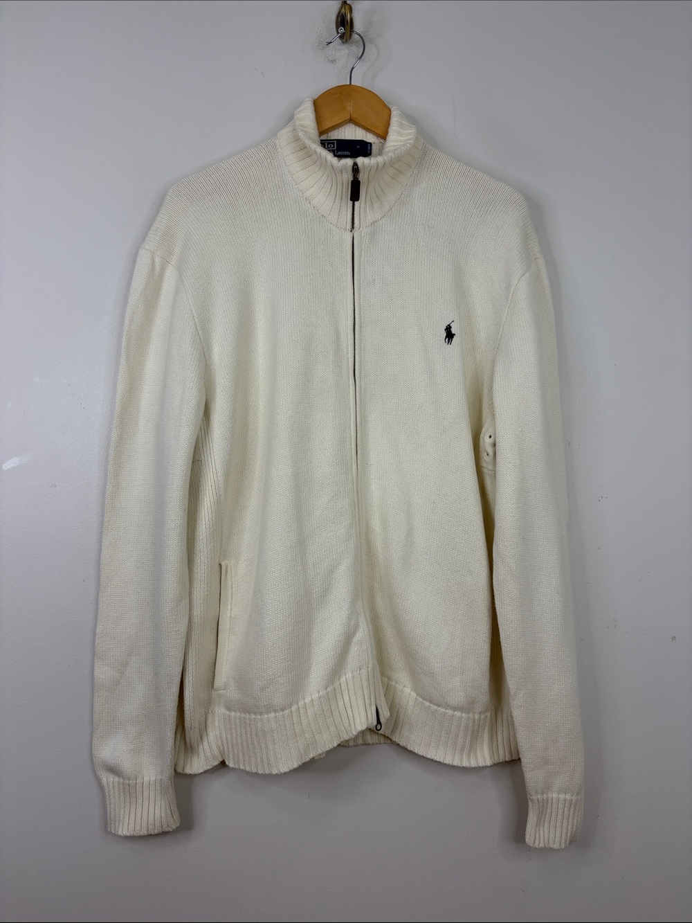 Polo Ralph Lauren Sweater Mens XL Cream Cotton Knit Full Zip Cardigan Preppy